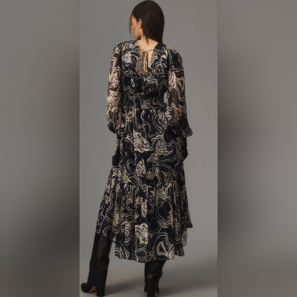 NWOT S Anthropologie Printer Johnson Long-SleeveV-Neck Textured Midi Dress - Picture 3 of 9